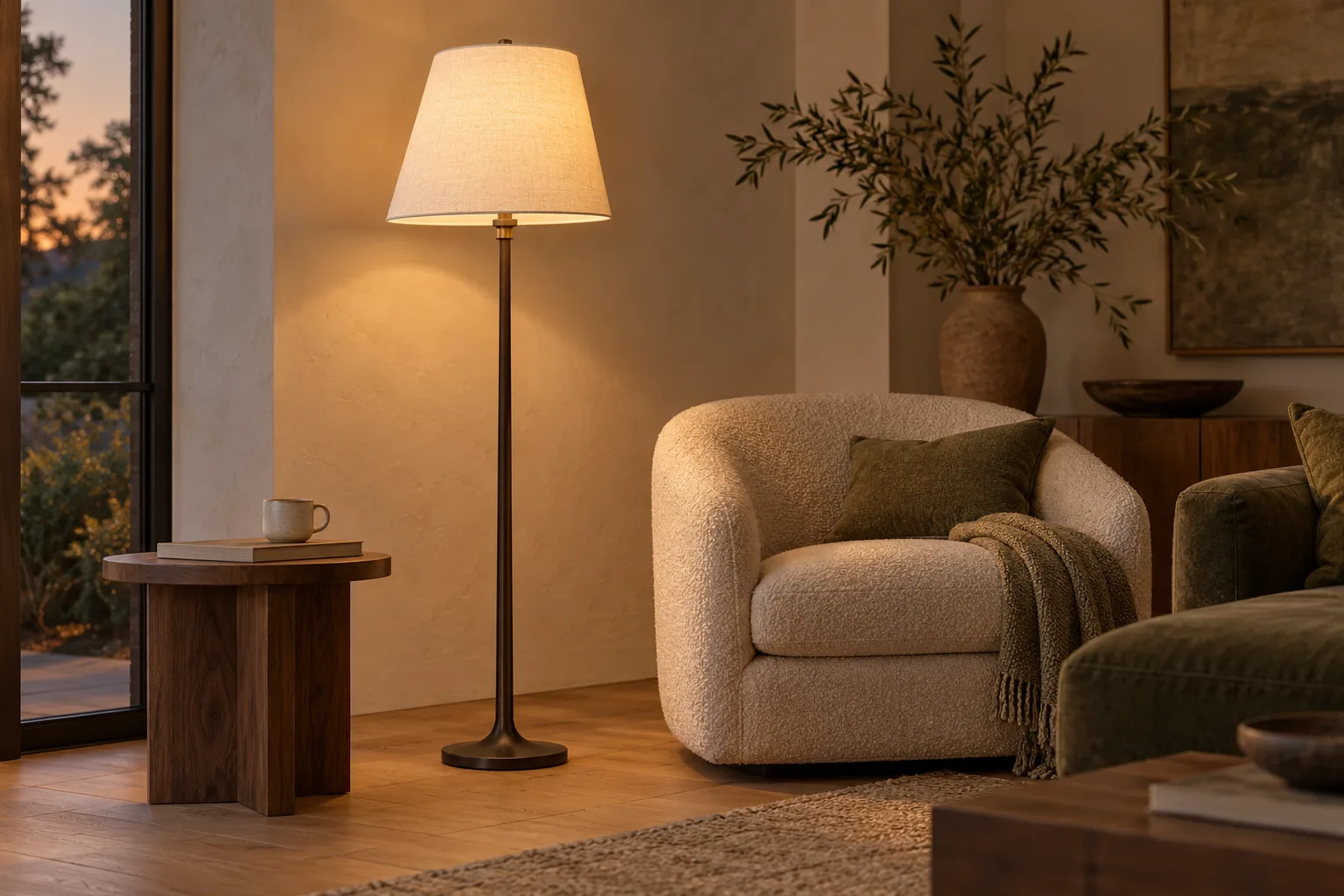 Lighting inspiration: a softly lit linen-shade lamp beside a cream armchair in a warm modern room